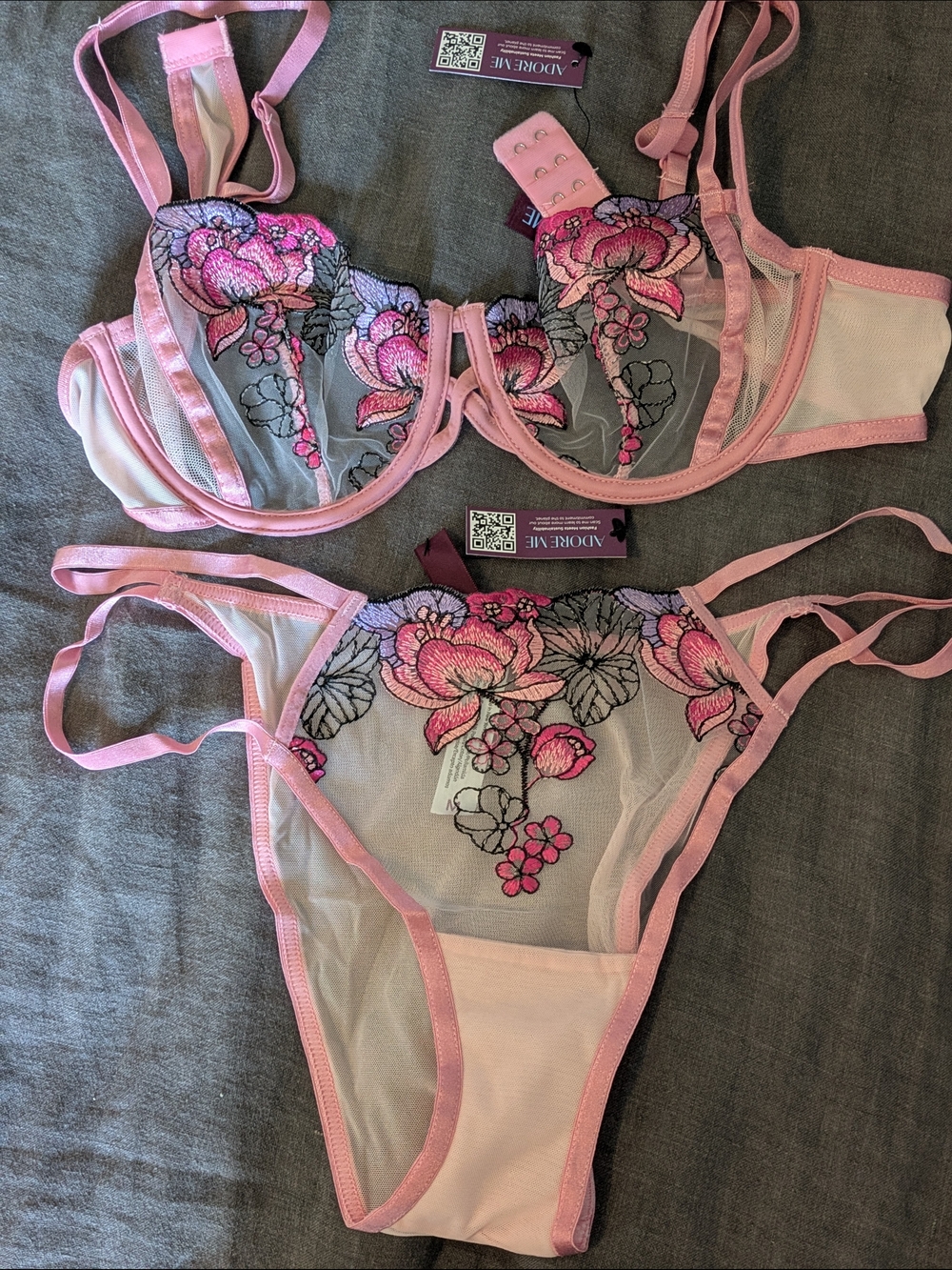 Adore Me Pink & Purple Floral Sheer Embroidered Bra and Panty Set